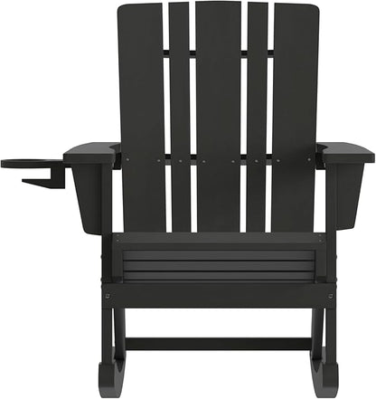Flash Furniture Halifax Adirondack Rocking Chair with Cup Holder, Weather Resistant Poly Resin Adirondack Rocking Chair, Black