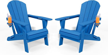 Folding Adirondack Chair with Cup Holders Set of 2, HDPE Plastic Outdoor Chairs, Weather Resistant, Real Wood Look for Patio, Deck, Fire Pit, Backyard, Blue