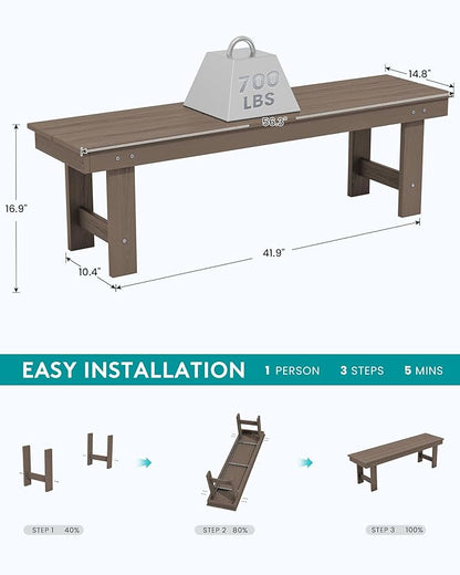 SERWALL 2-Person Outdoor Bench Backless, HDPE Outdoor Benches Weatherproof, 700 Lbs Weight Capacity, Poly Lumber Patio Furniture for Garden, Porch and Park, Coffee