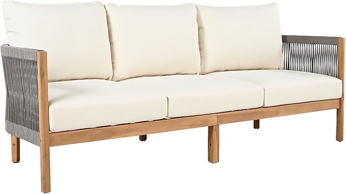 Christopher Knight Home Havets 77"W Outdoor 3 Seater Sofa, 6" Thick Cushion Couch, Acacia Wood Bench Sofa, Comfy Woven Rope Armchair, Spacious Seating Bench Couch for Backyard Garden Porch, Gray+Beige