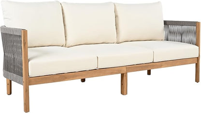 Christopher Knight Home Havets 77"W Outdoor 3 Seater Sofa, 6" Thick Cushion Couch, Acacia Wood Bench Sofa, Comfy Woven Rope Armchair, Spacious Seating Bench Couch for Backyard Garden Porch, Gray+Beige