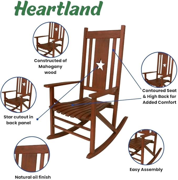 Leigh Country Heartland Rocker with Star Cutout, Natural Finish, Wooden Outdoor Seating for Porch/Patio/Deck