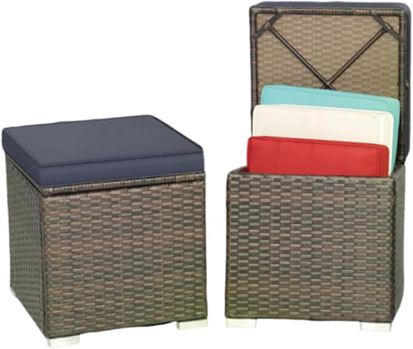 MEDIMALL Patio Wicker Ottoman Set of 2, Multipurpose Outdoor Footstool w/Removable Cushions, Rattan Side Table w/Storage - Photo 1