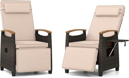 Tangkula Patio Wicker Recliner Chair, Rattan Lounge Chair w/Adjustable Backrest & Footrest, Flip Side Table, Push Back Reclining Seat w/Cushion for Backyard, Porch, Lawn (2, Beige)