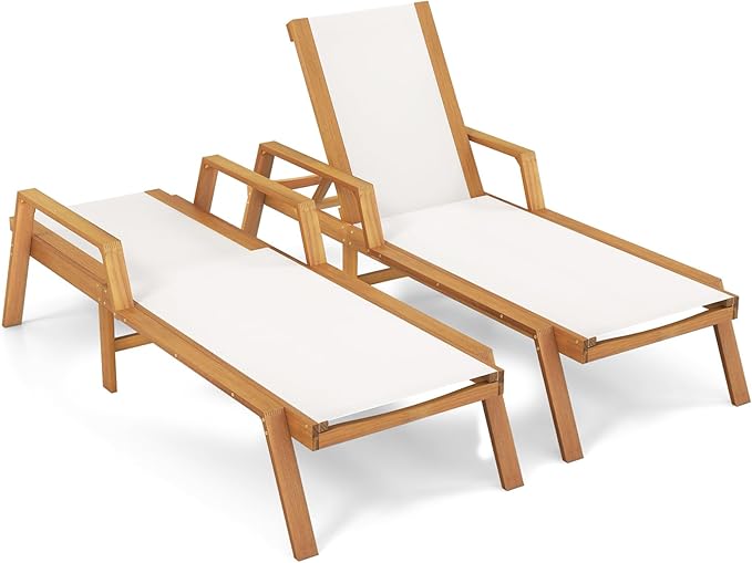 Tangkula Outdoor Wood Chaise Lounge Chair, Patio Sun Lounger with Adjustable Back, Eucalyptus Wood Lounge Chair with Breathable Fabric for Poolside Lawn Backyard (2, 75.5 inches)