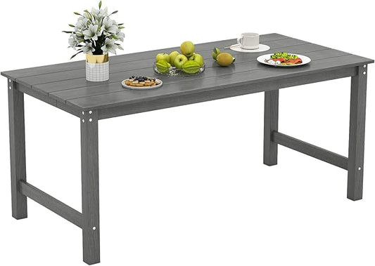 Tangkula HDPE Outdoor Dining Table for 6 Person, 67” Patio Table with Wood-Like Tabletop and Umbrella Hole, Weather-Resistant Rectangle Table for Garden, Backyard and Poolside (Gray, 1 Table)