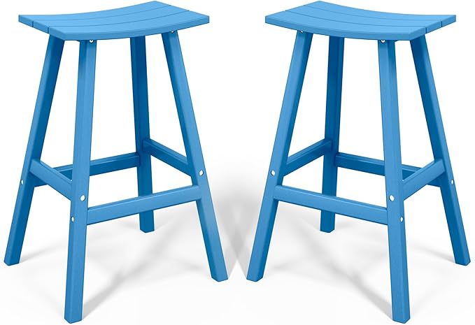 Costaelm All-Weather Bar Stools Set of 2, 29" Height Outdoor Bar Stools, Adirondack Poly Patio Bar Stool for Patio, Deck, Kitchen Counter and Garden, Pacific Blue