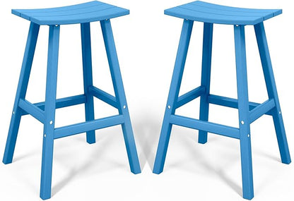 Costaelm All-Weather Bar Stools Set of 2, 29" Height Outdoor Bar Stools, Adirondack Poly Patio Bar Stool for Patio, Deck, Kitchen Counter and Garden, Pacific Blue