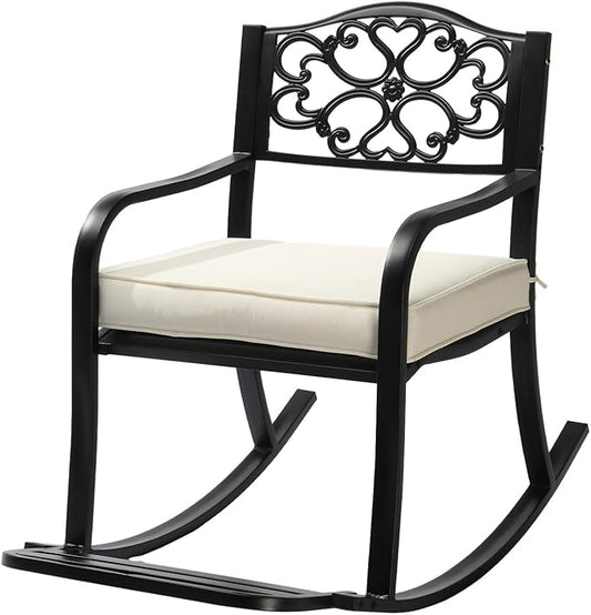 Metal Rocking Chair with Cushion and Footrest, Outdoor Rocking Bench for Patio and Garden, Weatherproof Cast Iron Rocker, Comfortable Lounge Chair for Porch, Backyard, Balcony, Flower Backrest