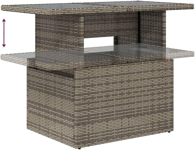 Outdoor Patio Table Grey Synthetic Rattan Rectangular Adjustable Height Tempered Glass Top for Garden Balcony Terrace - Photo 8