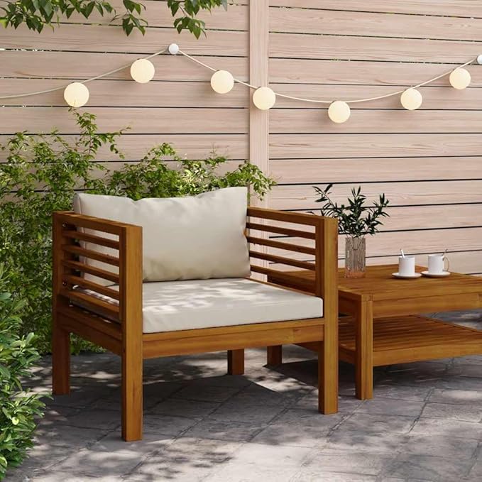 Garden Armchair Cream White Natural Solid Acacia Wood with Outdoor Cushions - Photo 1