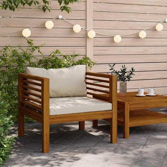 Acacia Wood Outdoor Lounge Chair with Cream Cushions, 27.2 x 28.7 x 24.6 in Patio Armchair, Compact Balcony Loveseat for Garden, Sunroom or Porch Seating