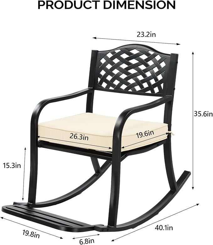 Metal Rocking Chair with Cushion and Footrest, Outdoor Rocking Bench for Patio and Garden, Weatherproof Cast Iron Rocker - Photo 3