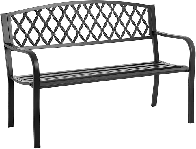 Metal Garden Bench Outdoor Park Patio Benches with Mesh Pattern Backrest Armrests for Patio Park Lawn Yard,Black