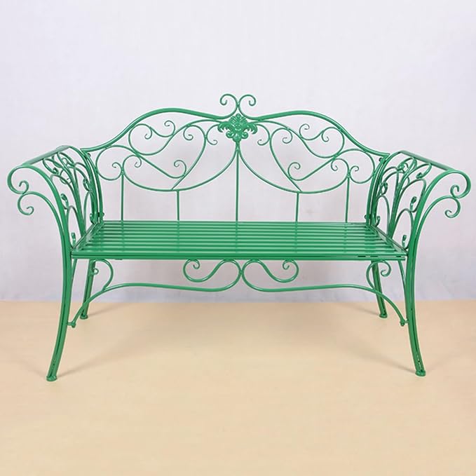 Elegant Green Metal Garden Bench, Outdoor Patio Seat with Exquisite Carvings for Lawn, Park, Yard - European Style Durable & Stylish Furniture