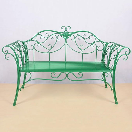Elegant Green Metal Garden Bench, Outdoor Patio Seat with Exquisite Carvings for Lawn, Park, Yard - European Style Durable & Stylish Furniture