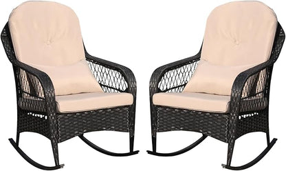 LVUYOYO Outdoor Wicker Rocking Chair of 2, Patio Rattan Rocker Chair with Cushions, Rocking Wicker Furniture Set for Deck, Porch, Garden, Backyard (Khaki)