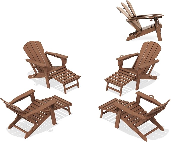 LOUNZY Folding Adjustable Adirondack Chair with Footrest Set of 4,HDPE Recliner Adirondack Chair with Cup Holder for Deck Lawn Fire Pit, Brown