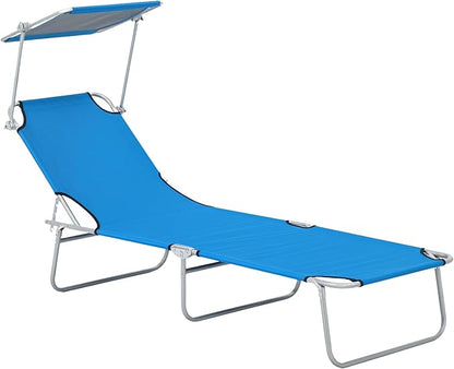 Outsunny Outdoor Lounge Chair, Adjustable Folding Chaise Lounge, Tanning Chair with Sun Shade for Beach, Camping, Hiking, Backyard, Blue