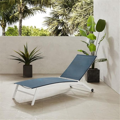 Pemberly Row Contemporary Outdoor Chaise Lounge, Navy Textilene Sling Fabric, White Powder-Coated Steel Frame, Adjustable Reclining Backrest, Weather-Resistant Patio Furniture with Wheels for Mobility