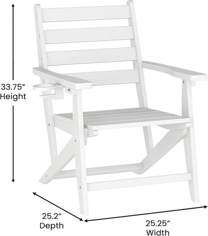 Flash Furniture Tolleson Adirondack Dining Chair with Cup Holder, Commercial Weather Resistant Recycled HDPE Adirondack Chair, Fold Out Cupholder, White