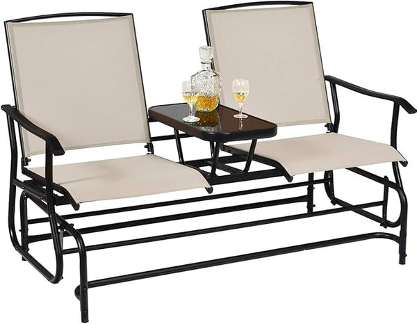 Giantex Patio Bench Glider Chair with Metal Frame, Center Tempered Glass Table - Photo 1