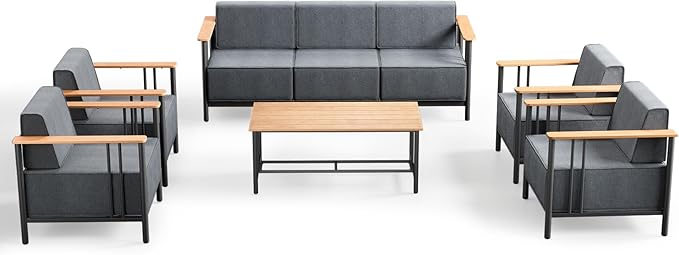 Patio Furniture Set of 6,with 10-inch Thick Cushion Outdoor Furniture Set,Patio Chair Set with Sofa,Wood Grain armrests,trapezoidal backrest,Indoor/Outdoor Balcony Seating,Dark Gray | Gray