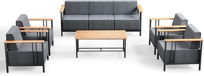 Patio Furniture Set of 6,with 10-inch Thick Cushion Outdoor Furniture Set,Patio Chair Set with Sofa,Wood Grain armrests,trapezoidal backrest,Indoor/Outdoor Balcony Seating,Dark Gray | Gray
