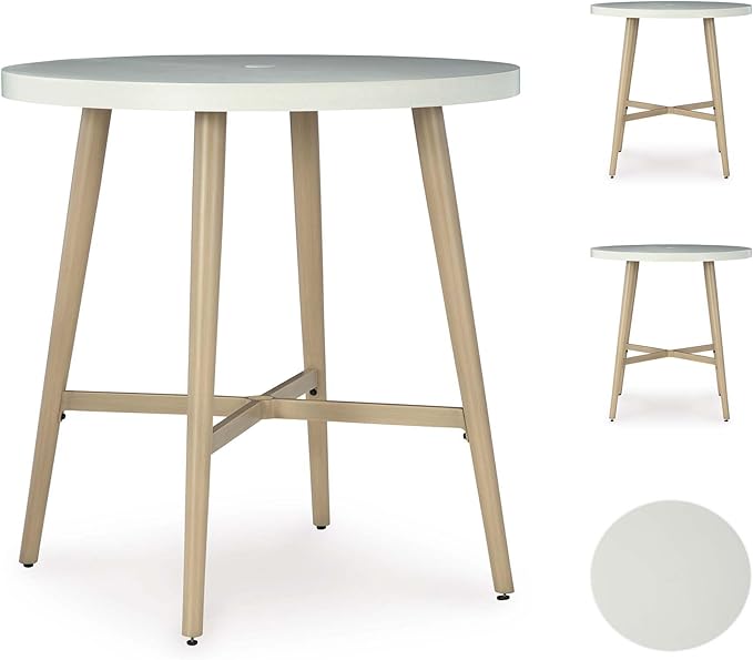 Signature Design by Ashley Seton Creek Casual Outdoor Bar Table with Umbrella Hole, Beige & White - Photo 7