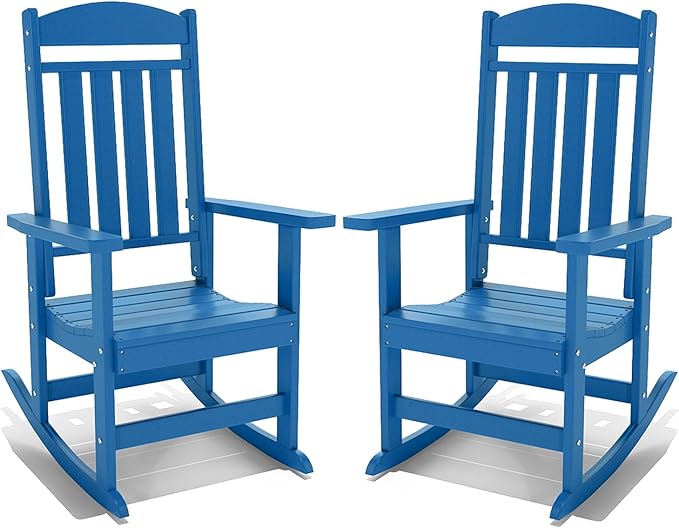 Outdoor Rocking Chairs Set of 2, Oversized High Back Patio Rocking Chairs, All Weather Porch Rocking Chairs for Outside. Pacific Blue