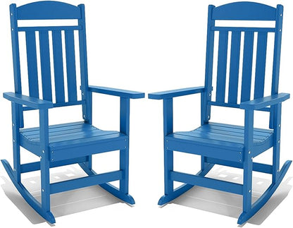 Outdoor Rocking Chairs Set of 2, Oversized High Back Patio Rocking Chairs, All Weather Porch Rocking Chairs for Outside. Pacific Blue