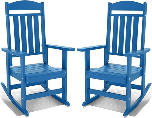 Outdoor Rocking Chairs Set of 2, Oversized High Back Patio Rocking Chairs, All Weather Porch Rocking Chairs for Outside. Pacific Blue