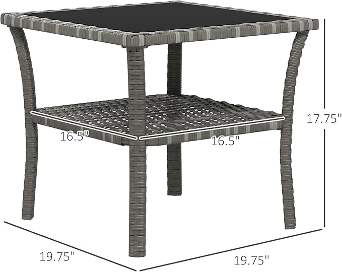 Outsunny Rattan Side Table, Outdoor End Table with Storage Shelf, Aluminum Frame Square, Coffee Table with Tempered Glass Top, Mixed Gray