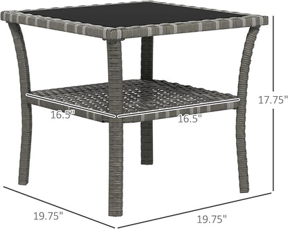 Outsunny Rattan Side Table, Outdoor End Table with Storage Shelf, Aluminum Frame Square, Coffee Table with Tempered Glass Top, Mixed Gray
