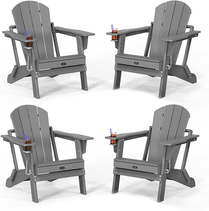 VINGLI Plastic Adirondack Chairs Set of 4, Folding with Cup Holder, Waterproof HDPE Material, Comfortable 383lb Weight Capacity for Outdoor Pool Patio Lounge Chair Lawn Furniture Firepit (Gray)