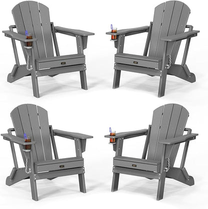 VINGLI Plastic Adirondack Chairs Set of 4, Folding with Cup Holder, Waterproof HDPE Material, Comfortable 383lb Weight Capacity for Outdoor Pool Patio Lounge Chair Lawn Furniture Firepit (Gray)