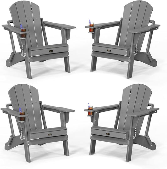 VINGLI Plastic Adirondack Chairs Set of 4, Folding with Cup Holder, Waterproof HDPE Material, Comfortable 383lb Weight Capacity for Outdoor Pool Patio Lounge Chair Lawn Furniture Firepit (Gray)