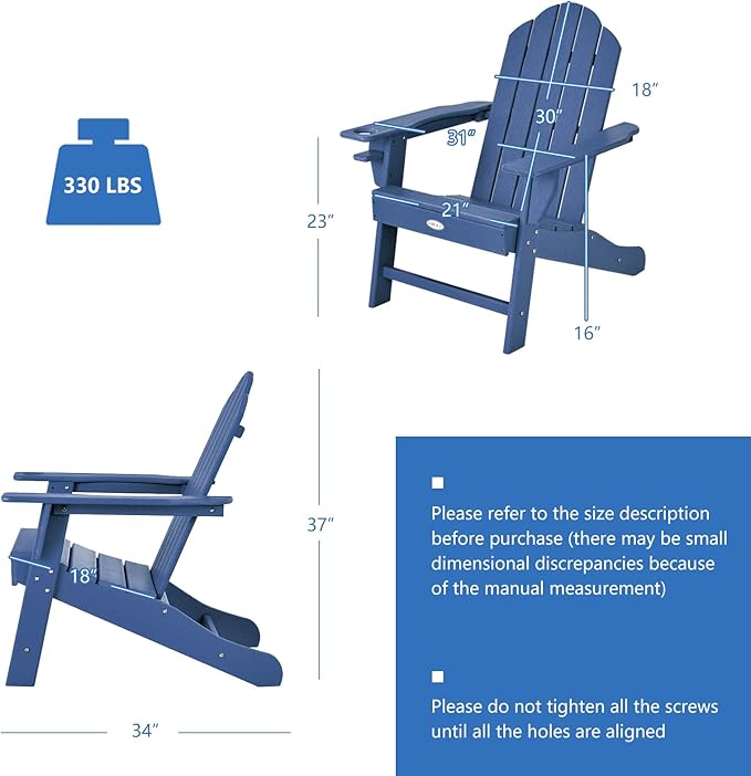 Tangkula Adirondack Chair Outdoor, Fade Resistant HDPE Armchairs with Cup Holder, Weather Resistant Lounger Chairs for Patio Garden Backyard Deck, Lawn Porch Seating, Adirondack Lounger (2, Navy)