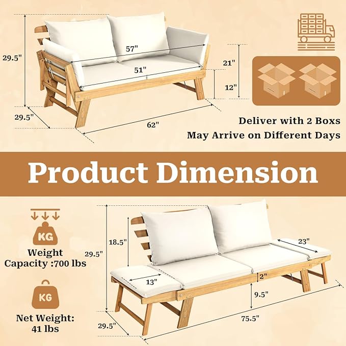 S AFSTAR Patio Convertible Couch Sofa Bed, Acacia Wood Chaise Lounger with Adjustable Armrest, Cushion & Pillows - Photo 3