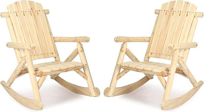 HOMEDIARY Wooden Adirondack Rocking Chair, Patio Log Rocker Outdoor Lounge Chair w/Slatted Wooden Design, High Fanned Back & Classic Rustic Style for Garden Patio Backyard Porch (Set of 2, Natural)