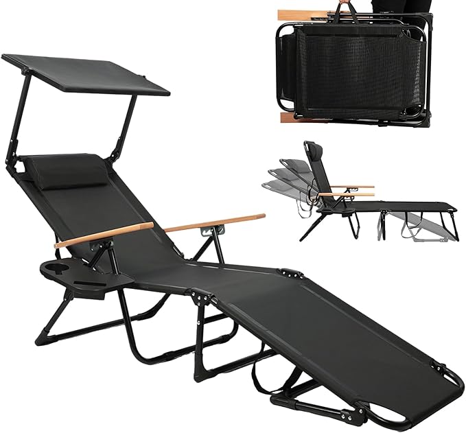 Folding Outdoor Chaise Lounge Chair with 360°Shade, 4 Position Portable Sun Tanning Chair with Headrest, Foldable Beach Lounge Chair with Cup Holders & Wooden Armrests for Patio Pool Lawn (Black-B)