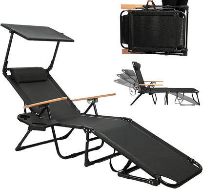 Folding Outdoor Chaise Lounge Chair with 360°Shade, 4 Position Portable Sun Tanning Chair with Headrest, Foldable Beach Lounge Chair with Cup Holders & Wooden Armrests for Patio Pool Lawn (Black-B)