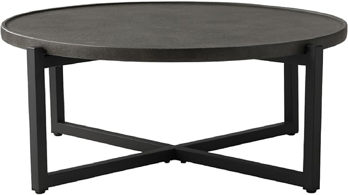 SUNBURY Outdoor Coffee Table Dark Grey, Round Top 12''H x 31.5''W Patio Coffee Table Concrete Finish, Cross Member Support w 4 Legs, Metal Frame
