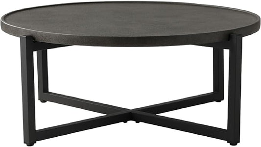 SUNBURY Outdoor Coffee Table Dark Grey, Round Top 12''H x 31.5''W Patio Coffee Table Concrete Finish, Cross Member Support w 4 Legs, Metal Frame