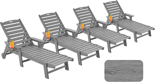 Chaise Lounge Chair Outdoor with Wheels, Oversize Patio Lounge Chairs with Wood Texture, 5-Position Plastic Lounge Chairs Set of 4-Grey(Separate Delivery)