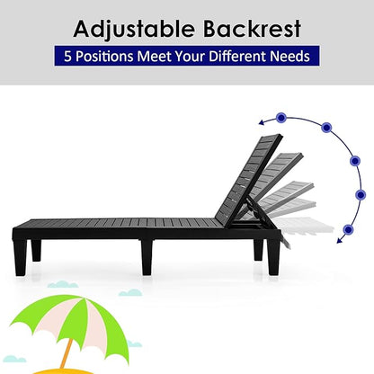 Tangkula Outdoor Chaise Lounge Chair, Lightweight Patio Lounge Recliner Chair with Adjustable Backrest, 5 Reclining Positions Chaise Lounger for Patio, Beach, Balcony, Poolside, Backyard (1, Black)