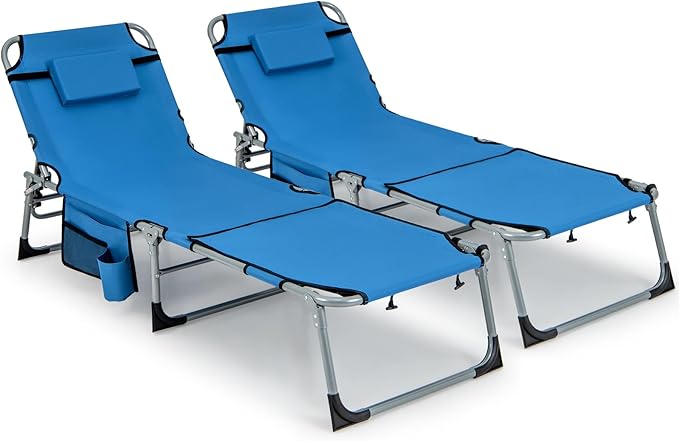 Tangkula Beach Lounge Chair, Outdoor Folding Tanning Chair with Face/Arm Hole, 2 Carry Handle, Pillow - Photo 1