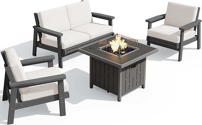 SERWALL Patio Furniture Set with 33” Fire Pit Table, HDPE Outdoor Sectional Sofa Set with Thickened Cushions - Photo 1