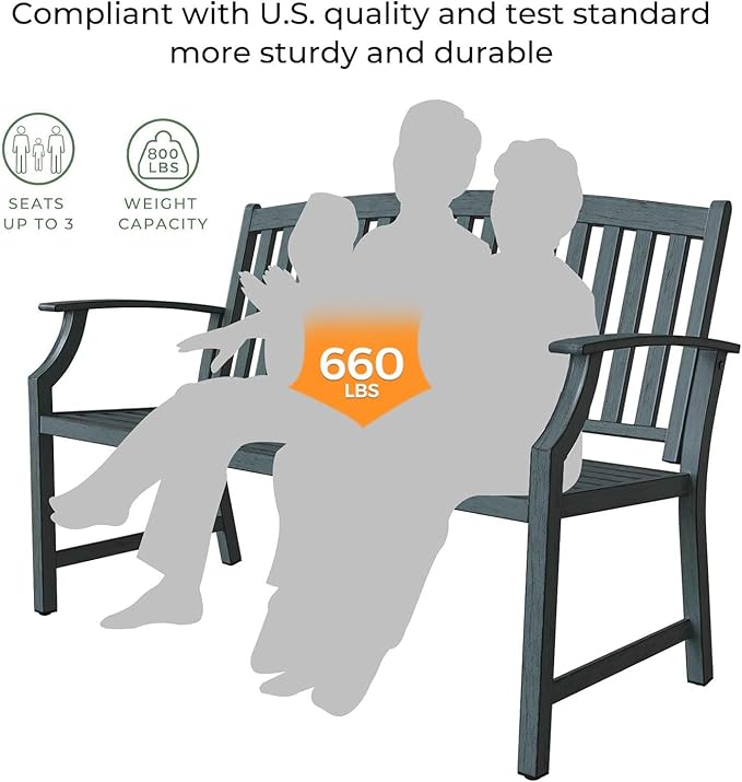 Grand patio 52" Farmhouse Outdoor Bench, Garden Benches with Rust Free Metal Powder Coated Frame and Aluminum Backrest, Faux Wood Grain Finish Frame Patio Bench for Front Porch, Weathered Blue