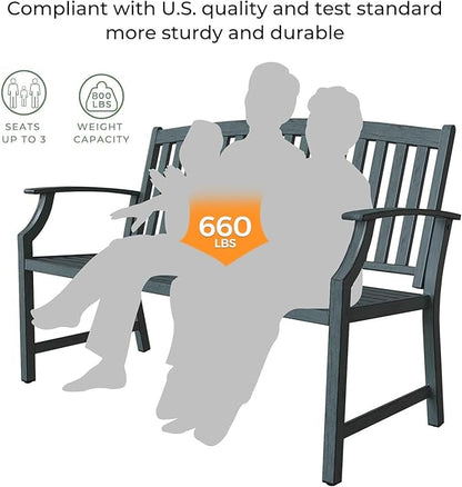 Grand patio 52" Farmhouse Outdoor Bench, Garden Benches with Rust Free Metal Powder Coated Frame and Aluminum Backrest, Faux Wood Grain Finish Frame Patio Bench for Front Porch, Weathered Blue